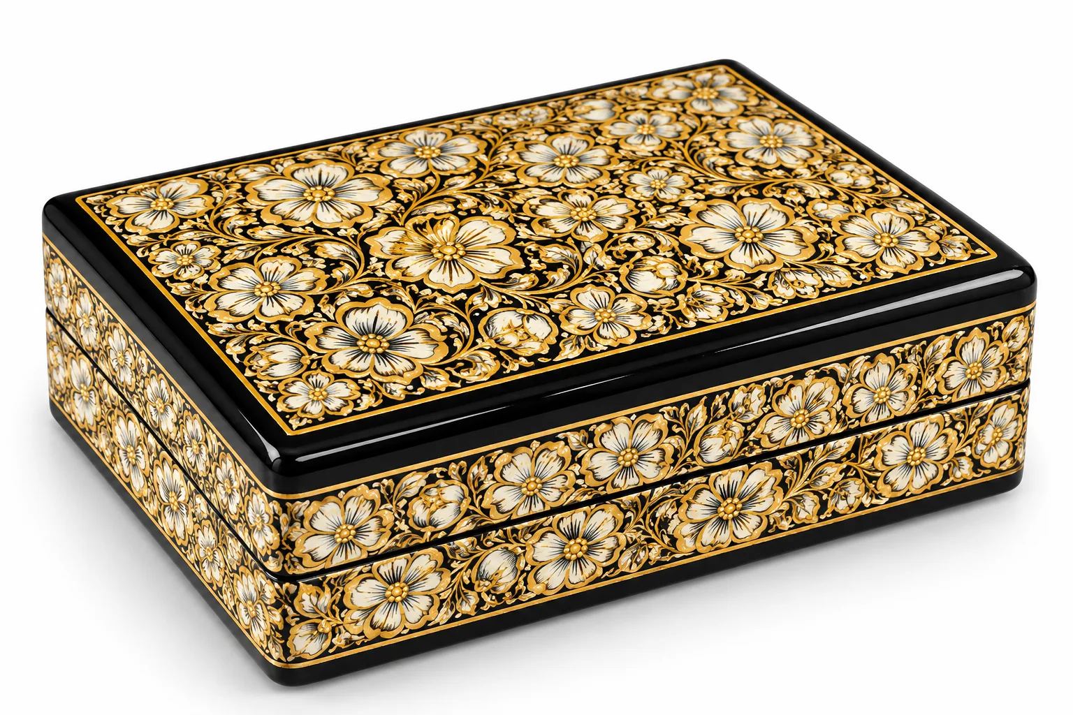 Black Floral Kashmiri Papier-Mâché Cat Box 4″