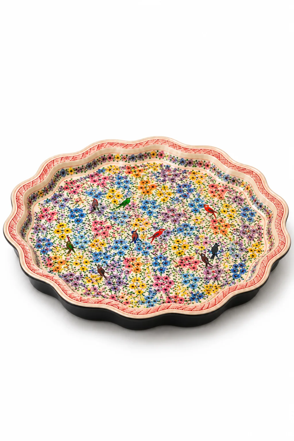 Pastel Floral Kashmiri Papier-Mâché Scalloped Medium Tray