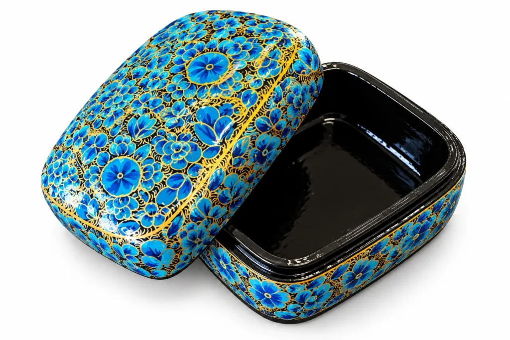 Sky Blue Floral Kashmiri Papier-Mâché Trinket Box 3×4″