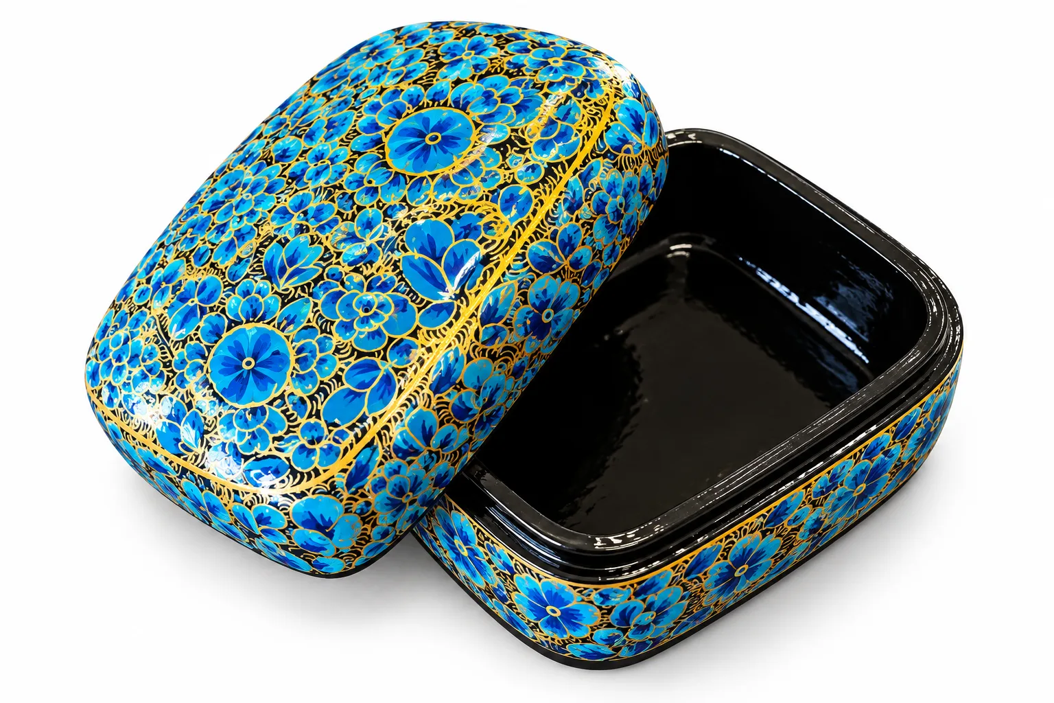 Sky Blue Floral Kashmiri Papier-Mâché Trinket Box 3×4″