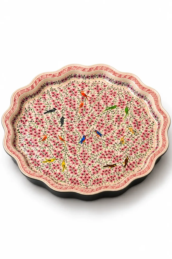 Pink Blossom and Birds Kashmiri Papier-Mâché Scalloped Medium Tray