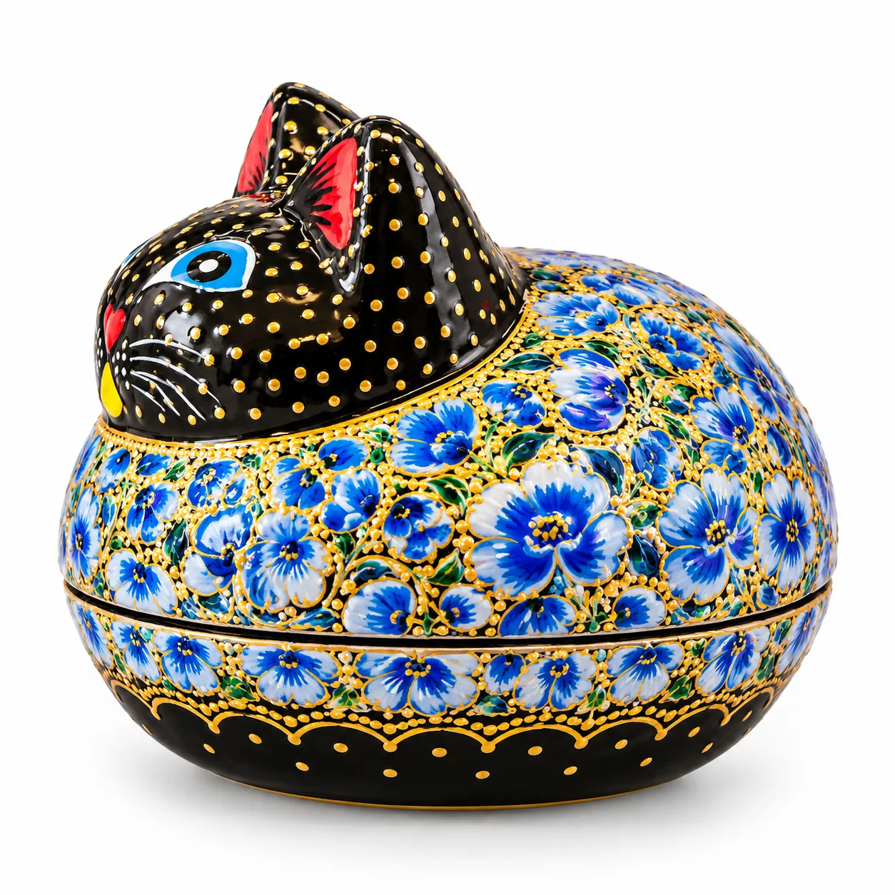Black Floral Kashmiri Papier-Mâché Cat Box 4″