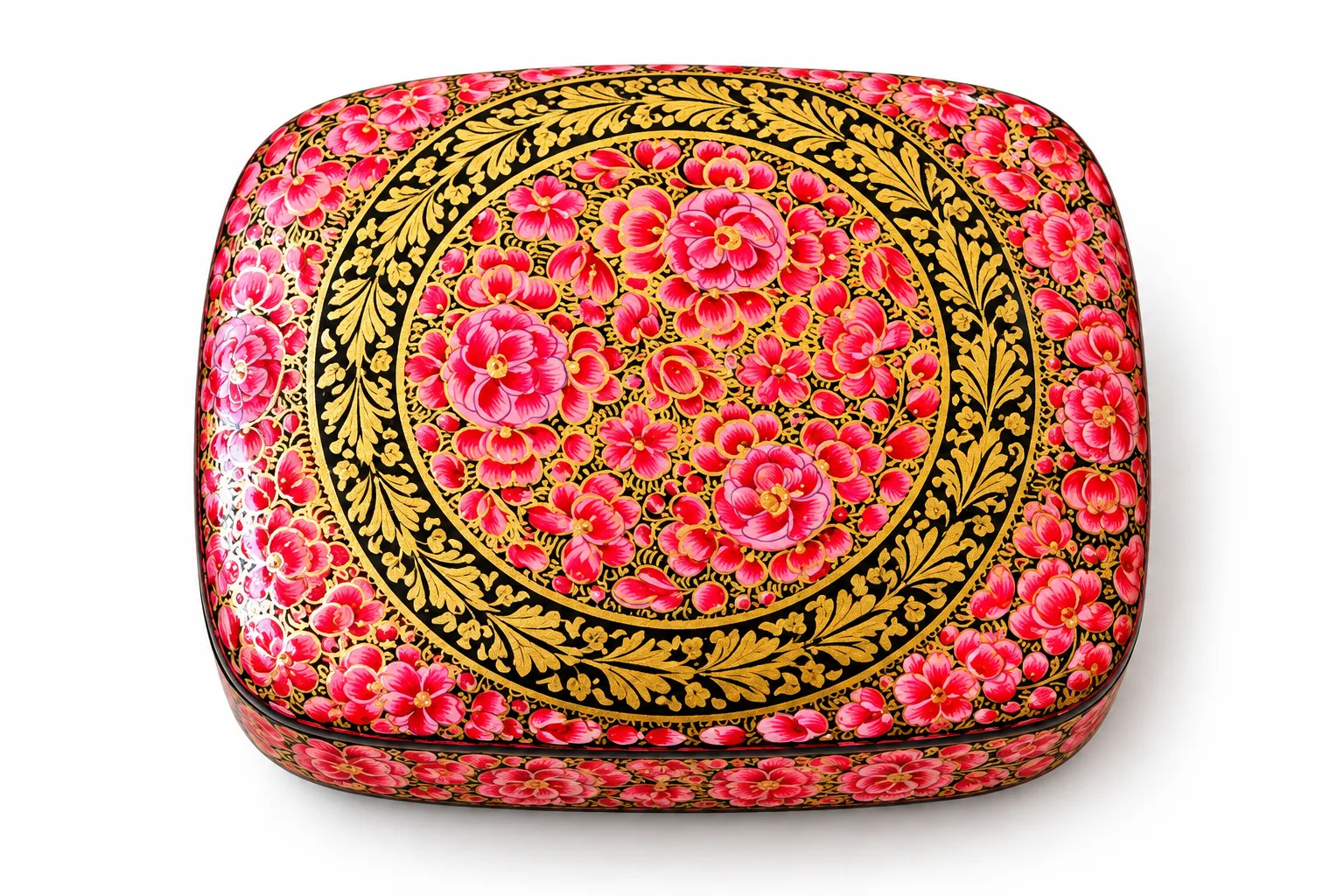 Orange Rose Medallion Kashmiri Papier-Mâché Trinket Box 3×4″