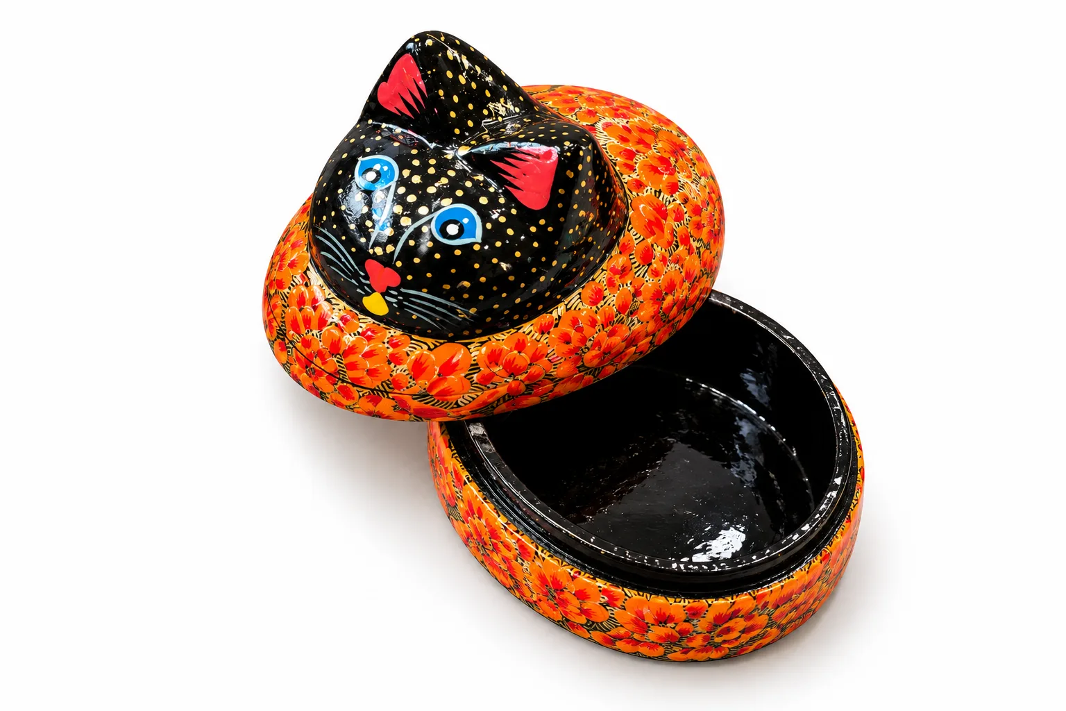 Orange Rose Medallion Kashmiri Papier-Mâché Trinket Box 3×4″