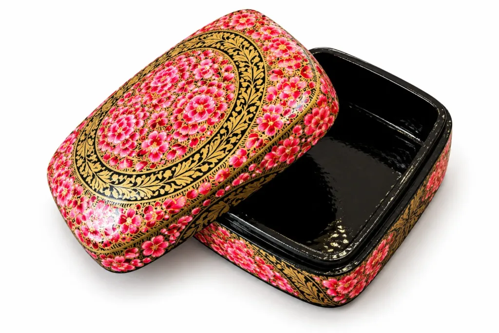 Pink Rose and Gold Kashmiri Papier-Mâché Trinket Box 3×4″
