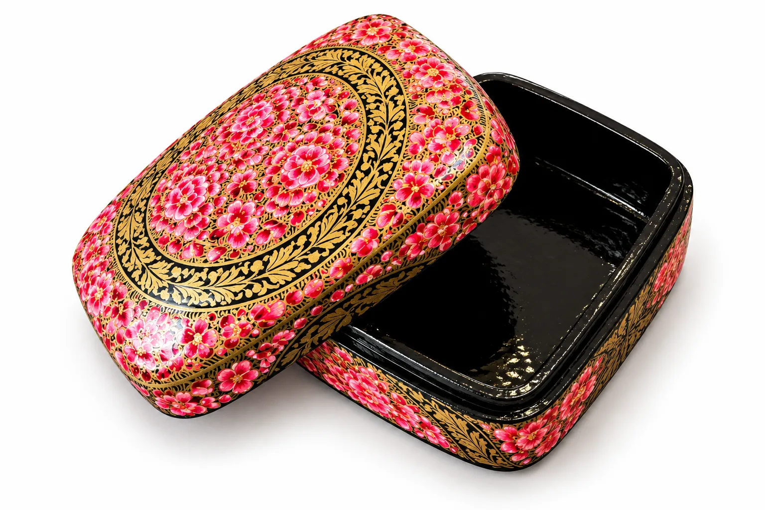Pink Rose and Gold Kashmiri Papier-Mâché Trinket Box 3×4″