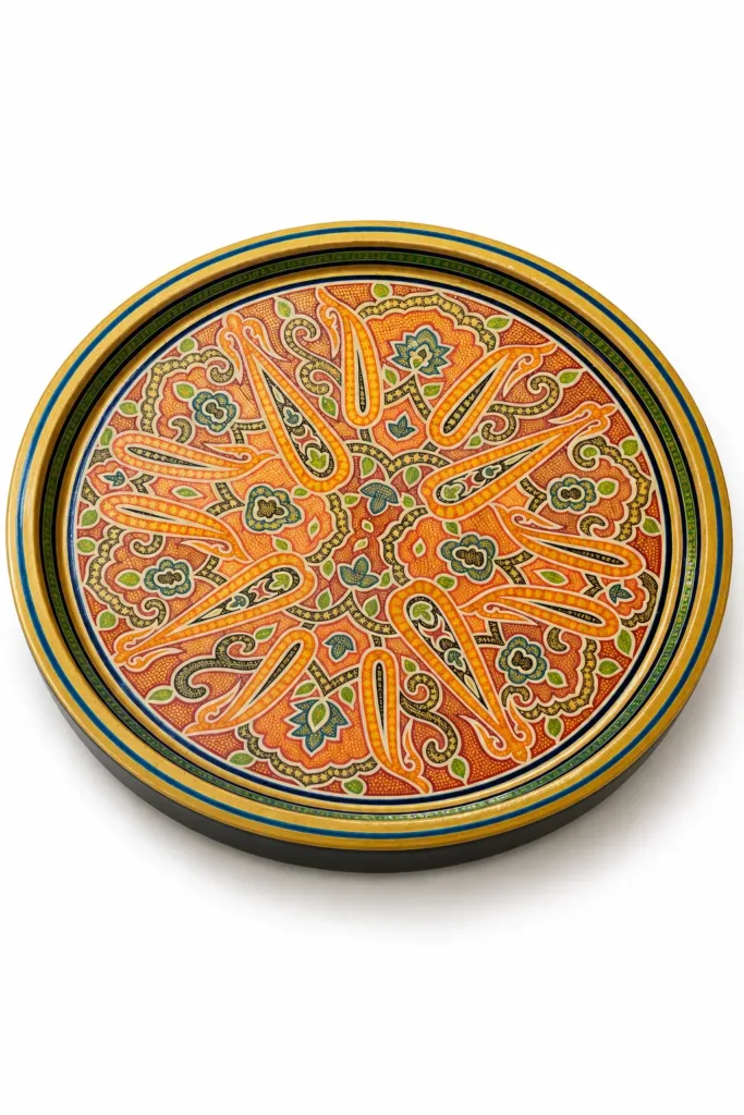 Orange Medallion Kashmiri Papier-Mâché Round Medium Tray