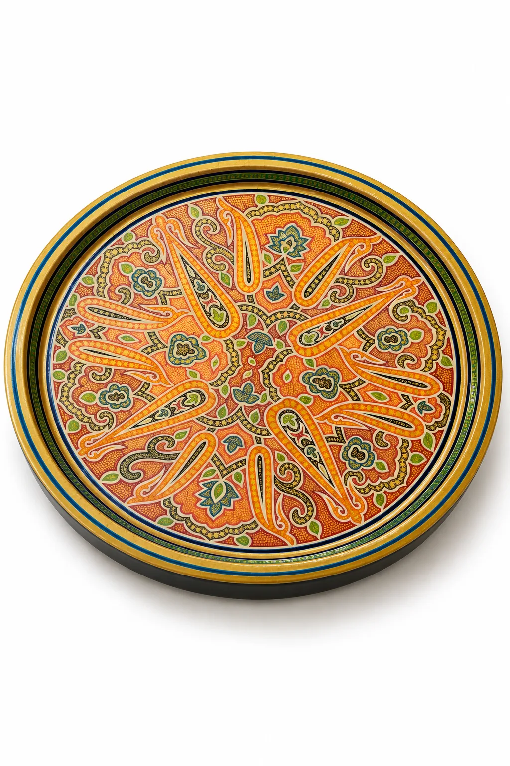 Orange Medallion Kashmiri Papier-Mâché Round Medium Tray