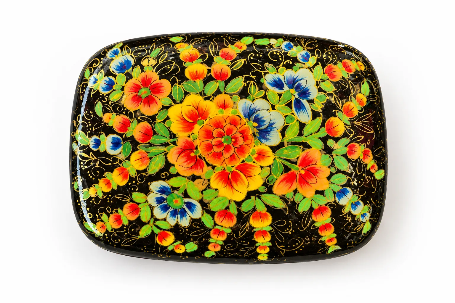 Black and Orange Bouquet Kashmiri Papier-Mâché Trinket Box 3×4″