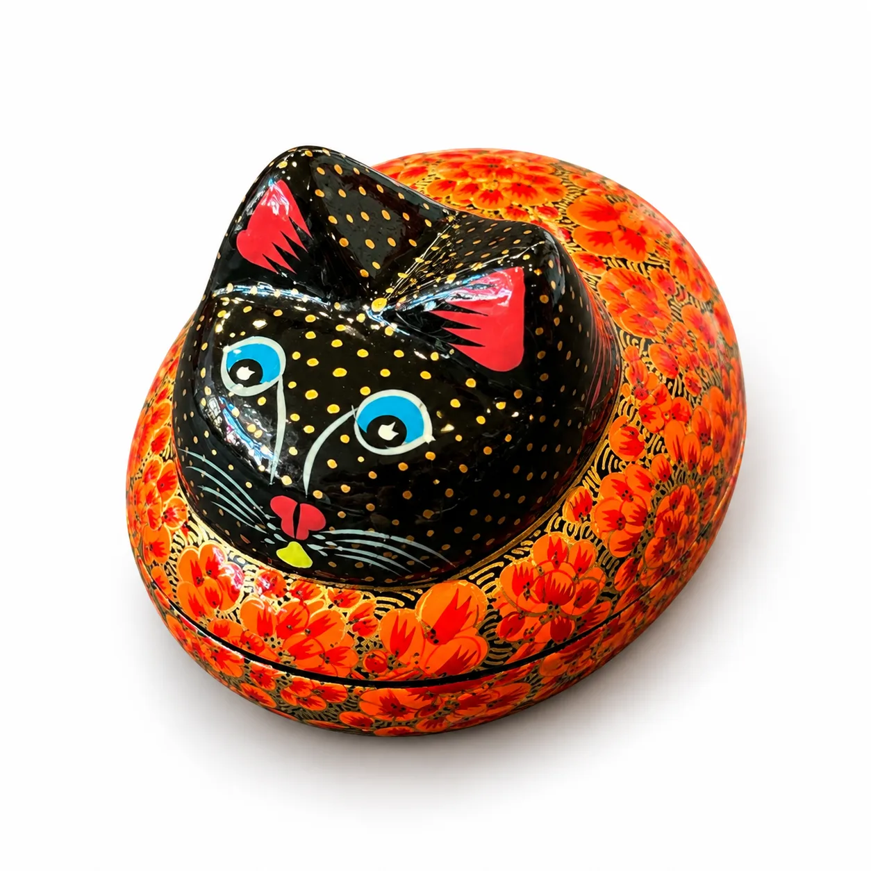 Orange Floral Kashmiri Papier-Mâché Sleeping Cat Box 4″