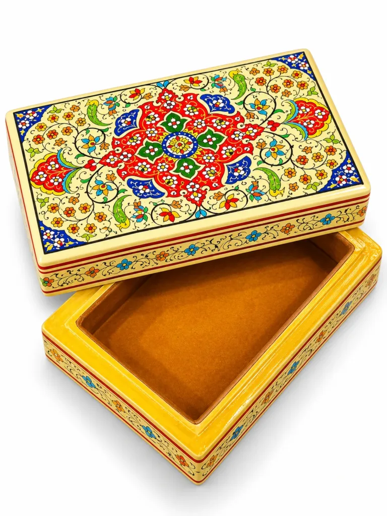 Red and Blue Medallion Kashmiri Papier-Mâché Trinket Box 3×5″