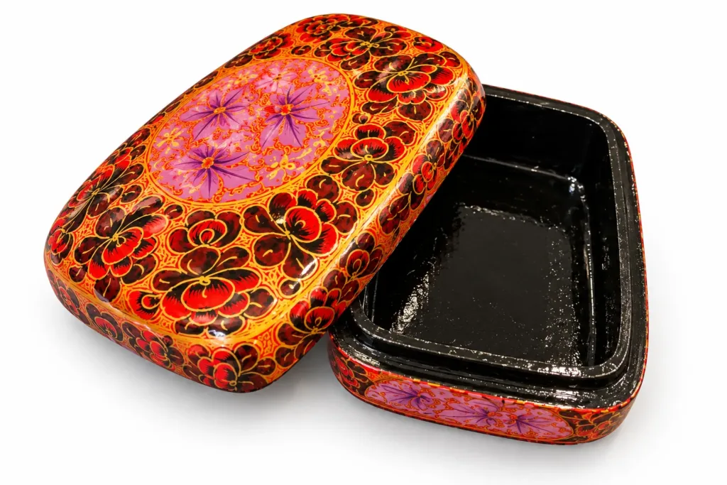 Red and Lilac Medallion Kashmiri Papier-Mâché Trinket Box 3×4″