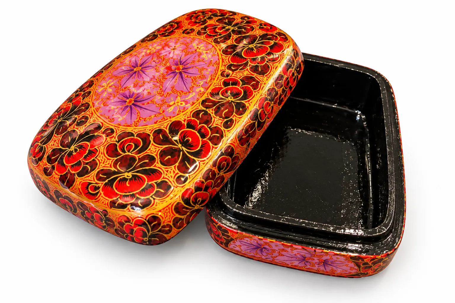Red and Lilac Medallion Kashmiri Papier-Mâché Trinket Box 3×4″