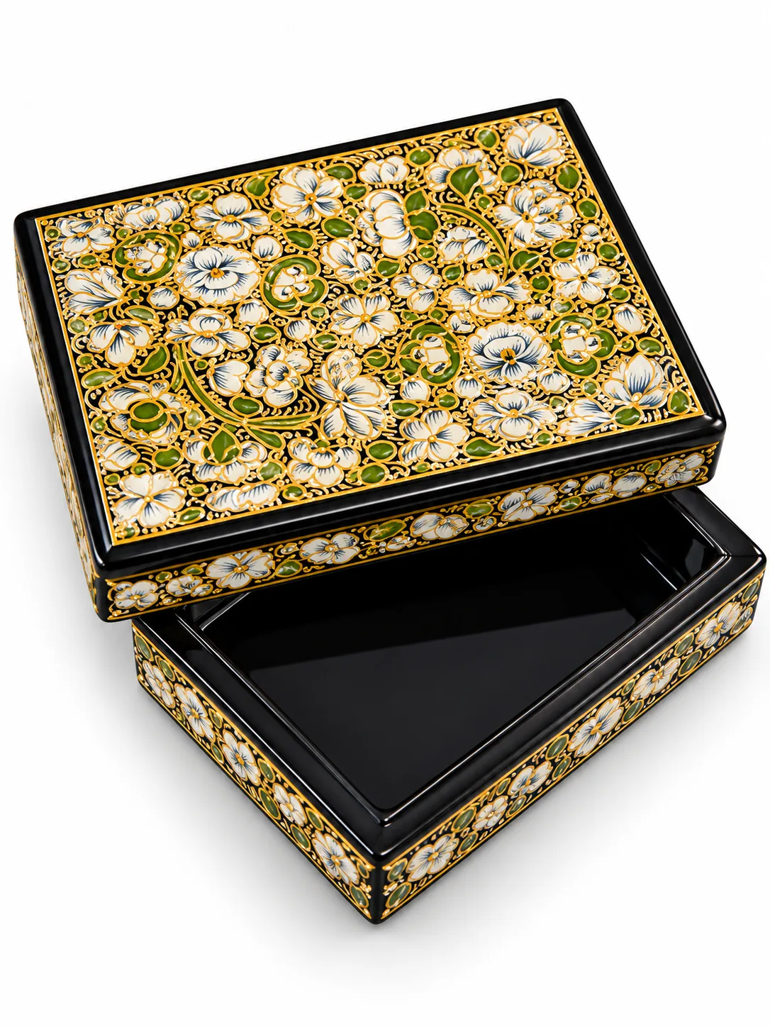 Black and Ivory Floral Kashmiri Papier-Mâché Trinket Box 3×4″