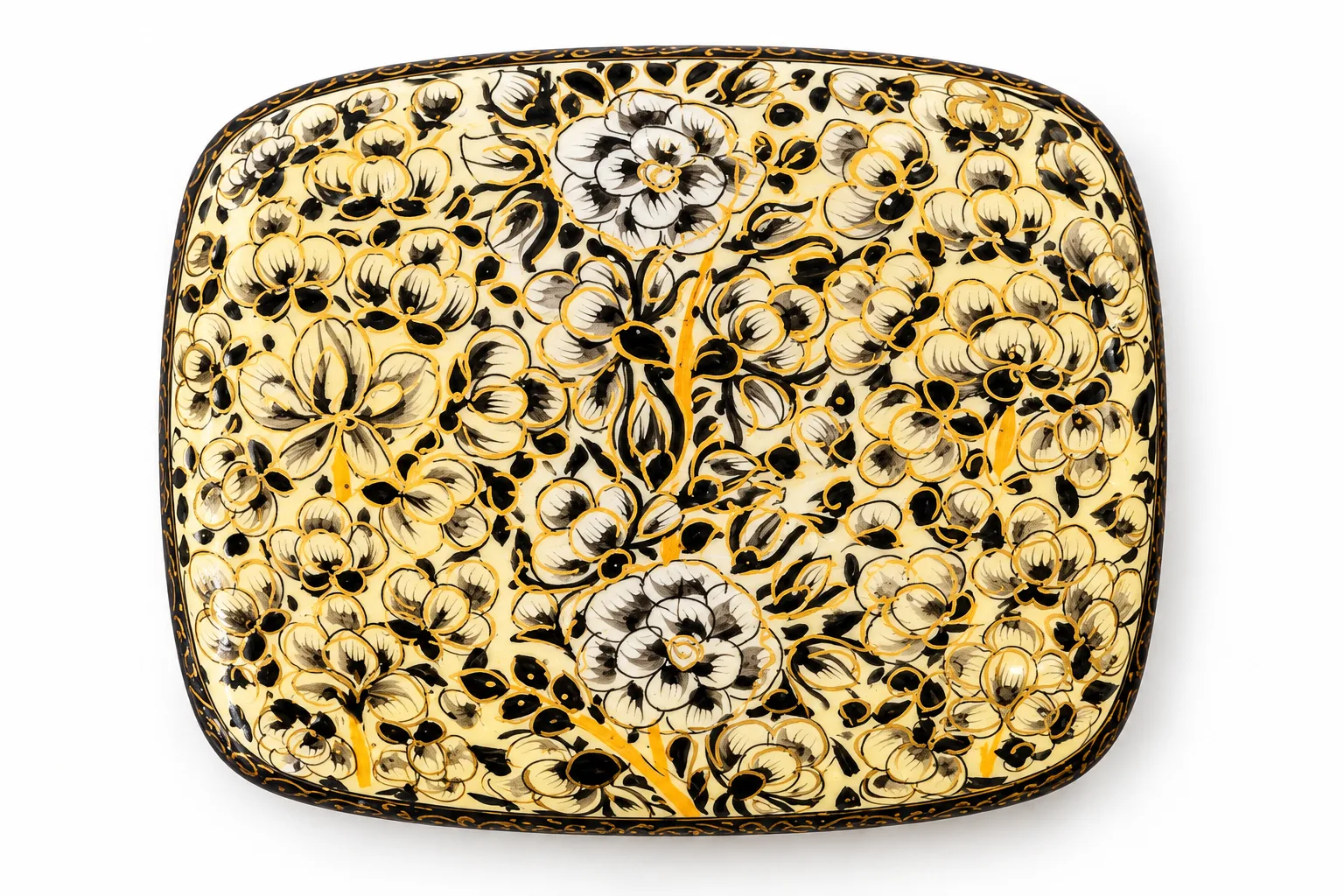 Black and Orange Bouquet Kashmiri Papier-Mâché Trinket Box 3×4″