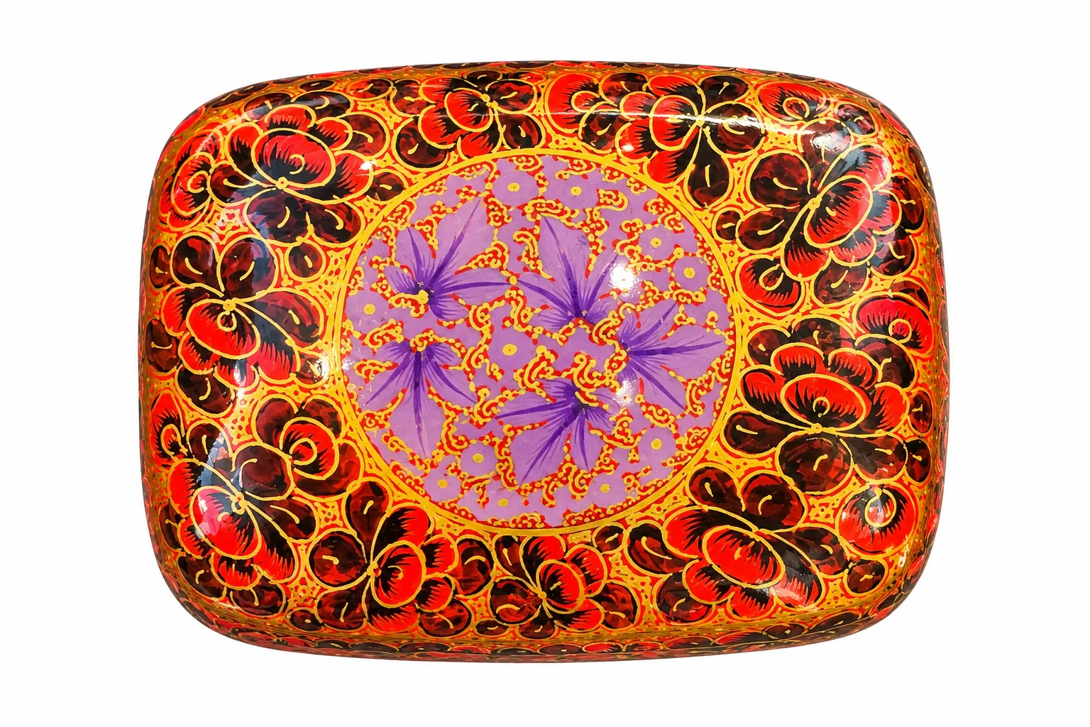 Orange Rose Medallion Kashmiri Papier-Mâché Trinket Box 3×4″