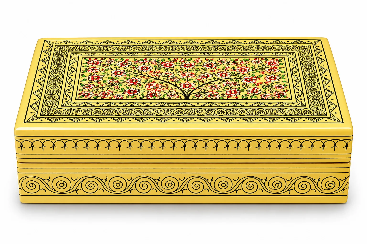 Black Floral Kashmiri Papier-Mâché Cat Box 4″