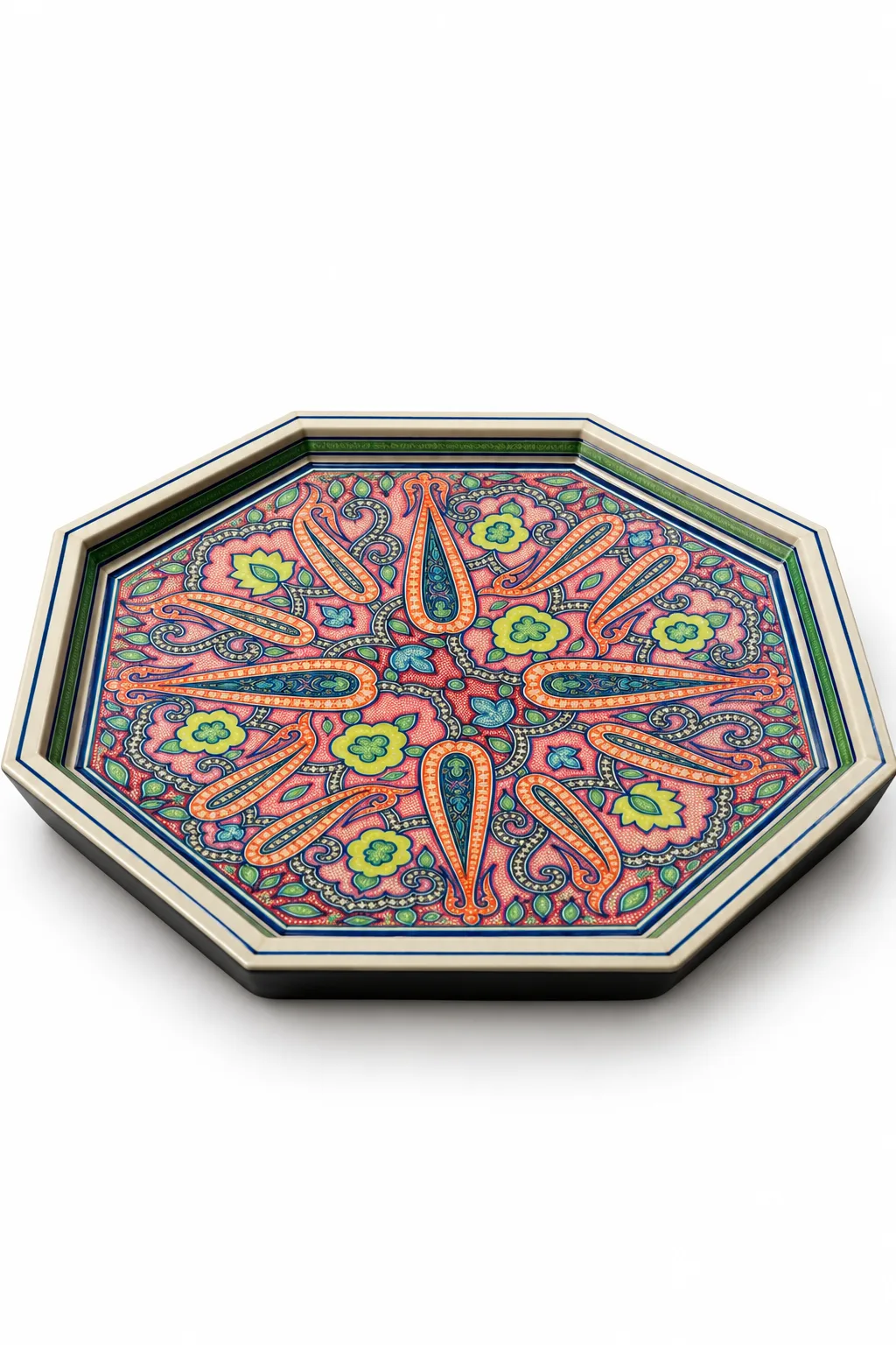 Pink Paisley Kashmiri Papier-Mâché Octagonal Medium Tray