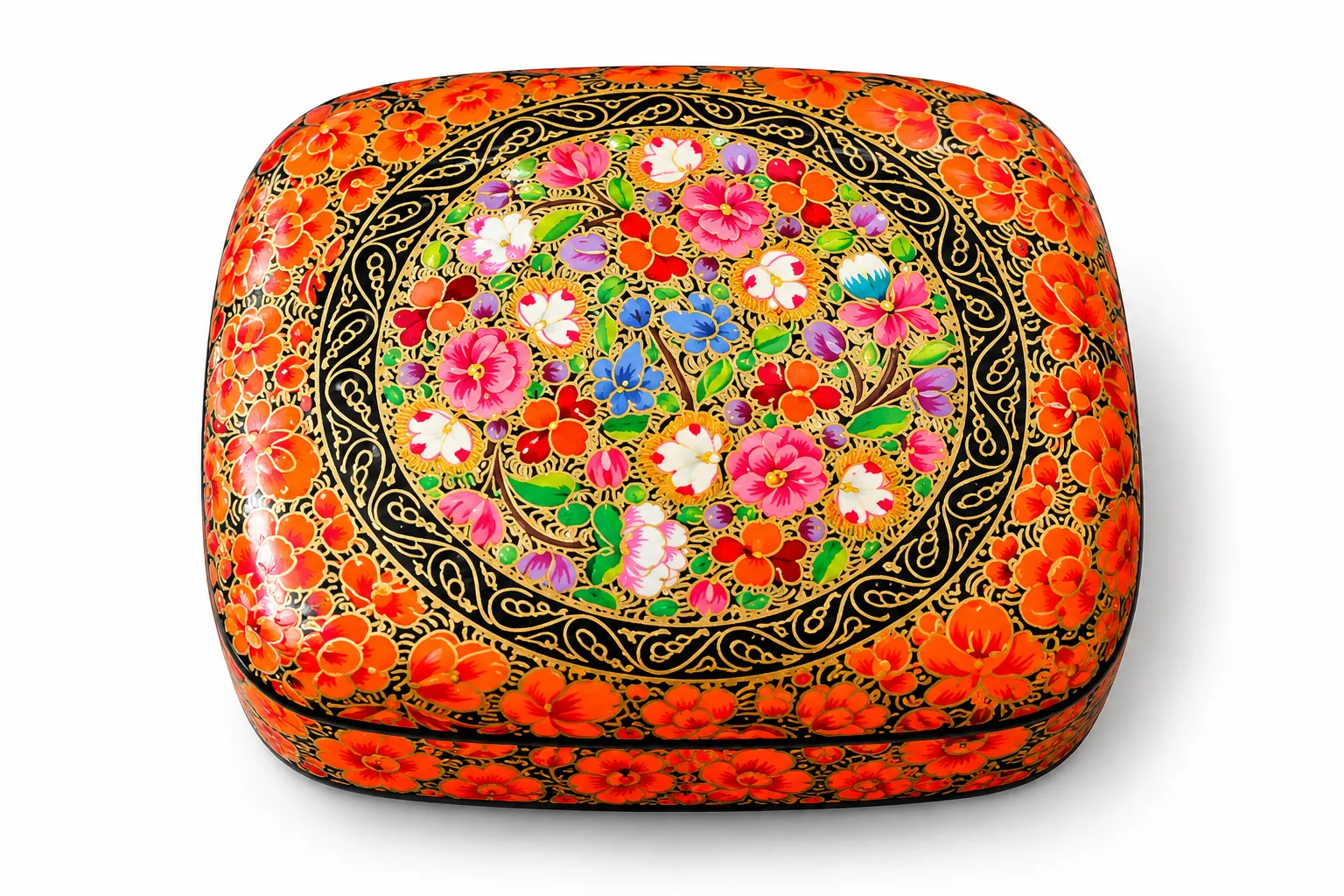 Orange Rose Medallion Kashmiri Papier-Mâché Trinket Box 3×4″