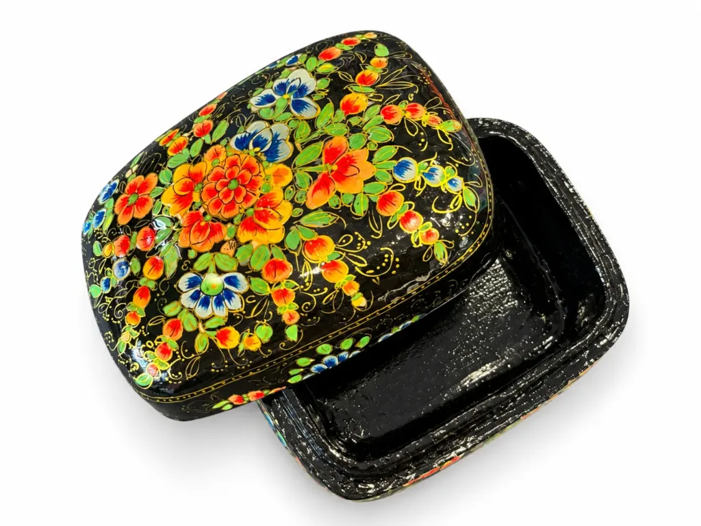 Black and Orange Bouquet Kashmiri Papier-Mâché Trinket Box 3×4″