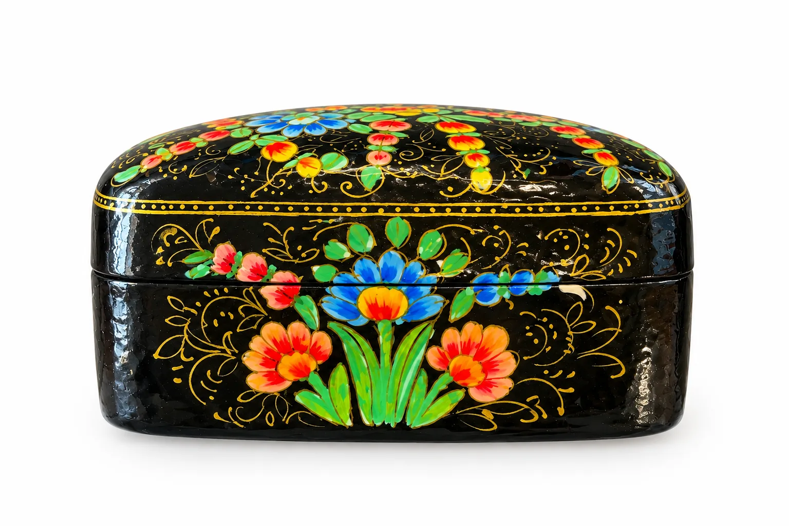Black and Orange Bouquet Kashmiri Papier-Mâché Trinket Box 3×4″