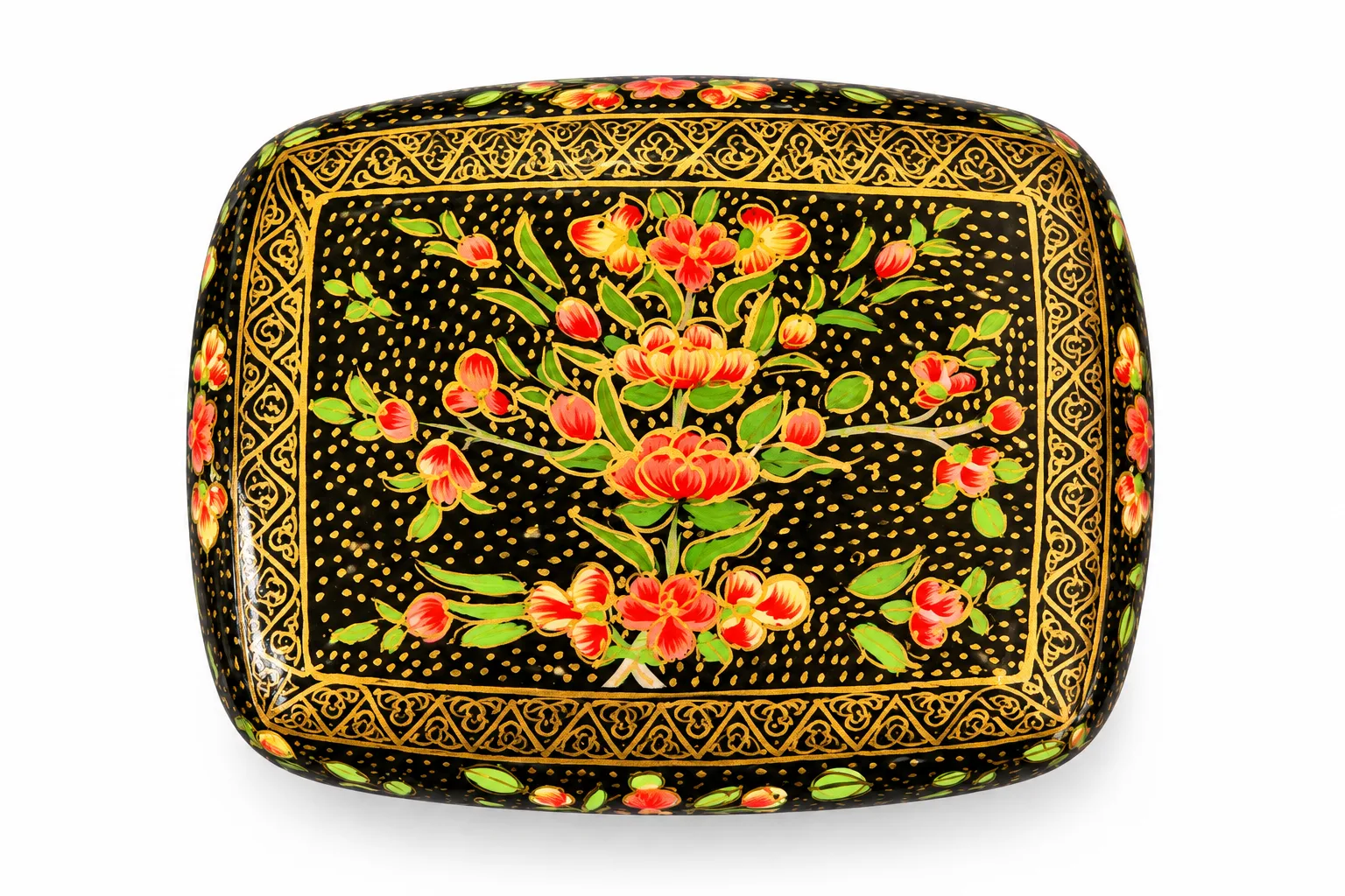 Black and Orange Bouquet Kashmiri Papier-Mâché Trinket Box 3×4″