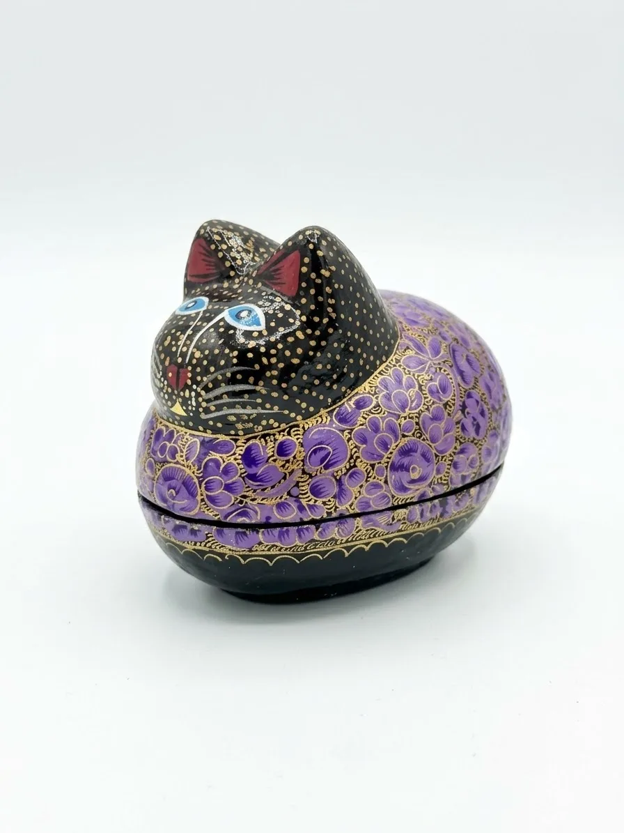 Black Floral Kashmiri Papier-Mâché Cat Box 4″