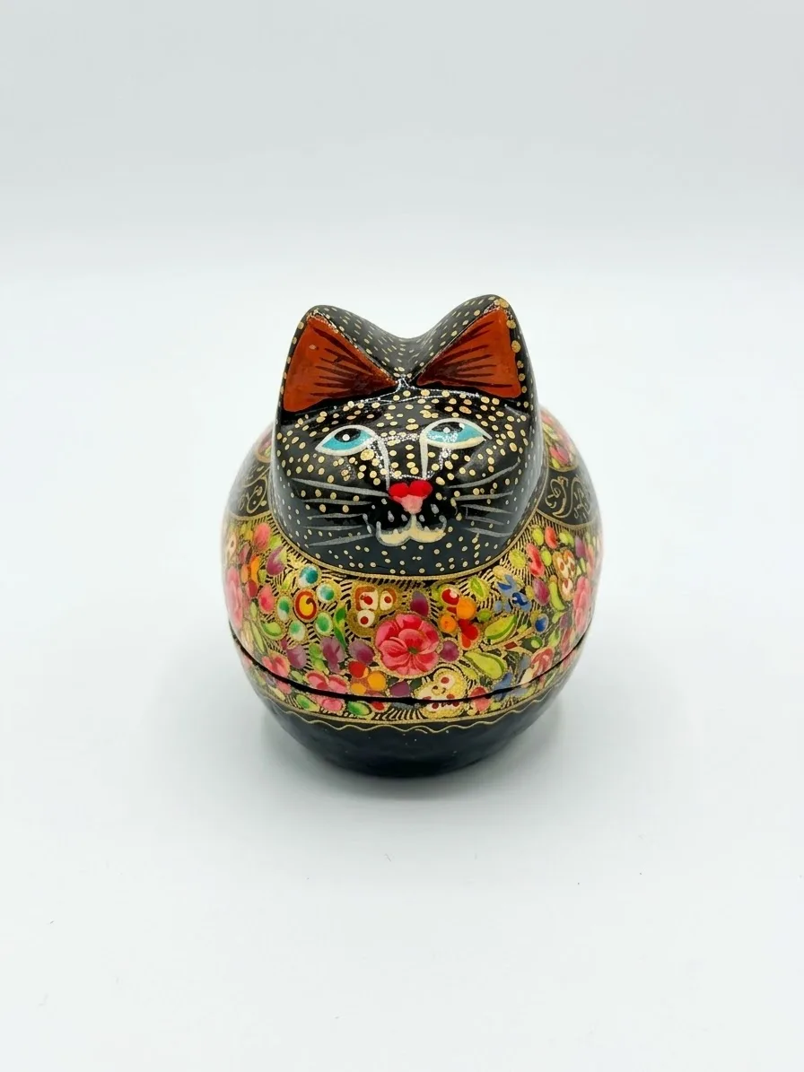 Black Floral Kashmiri Papier-Mâché Cat Box 4″
