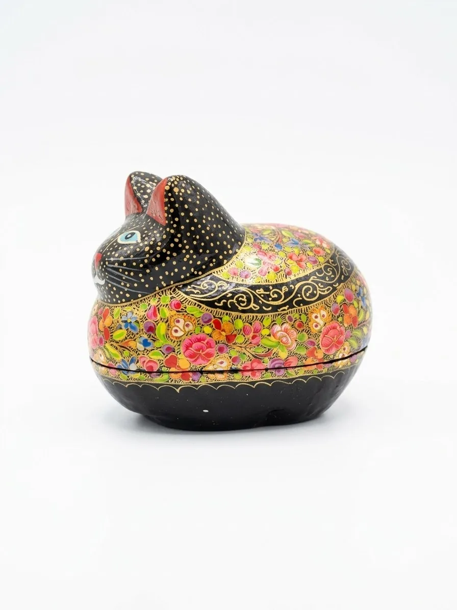 Black Floral Kashmiri Papier-Mâché Cat Box 4″