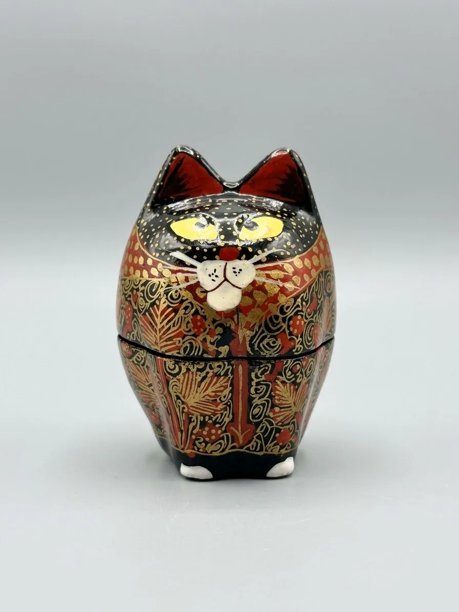 Rust Floral Kashmiri Papier-Mâché Standing Cat Box 3″