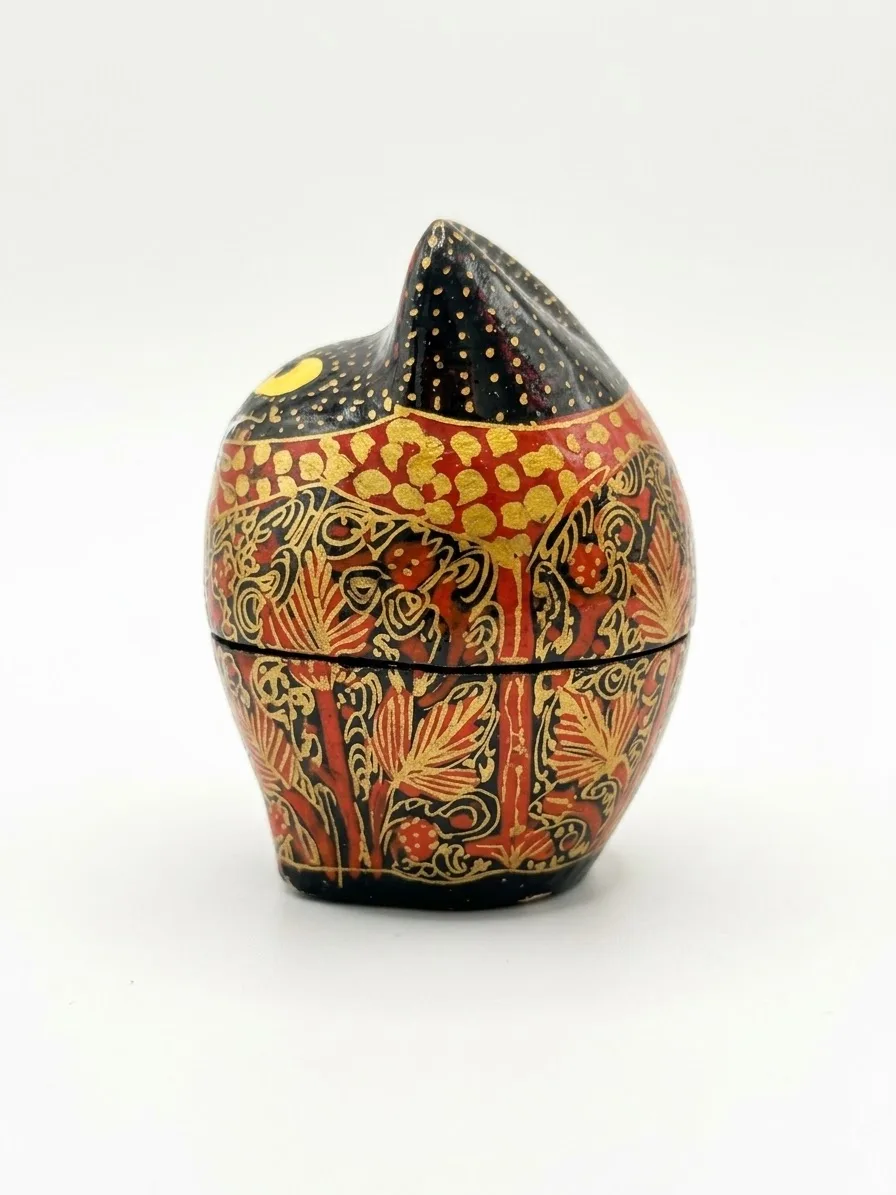 Rust Floral Kashmiri Papier-Mâché Standing Cat Box 3″