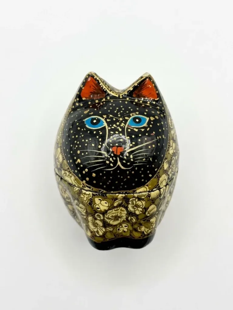Antique Gold Kashmiri Papier-Mâché Standing Cat Box 3″
