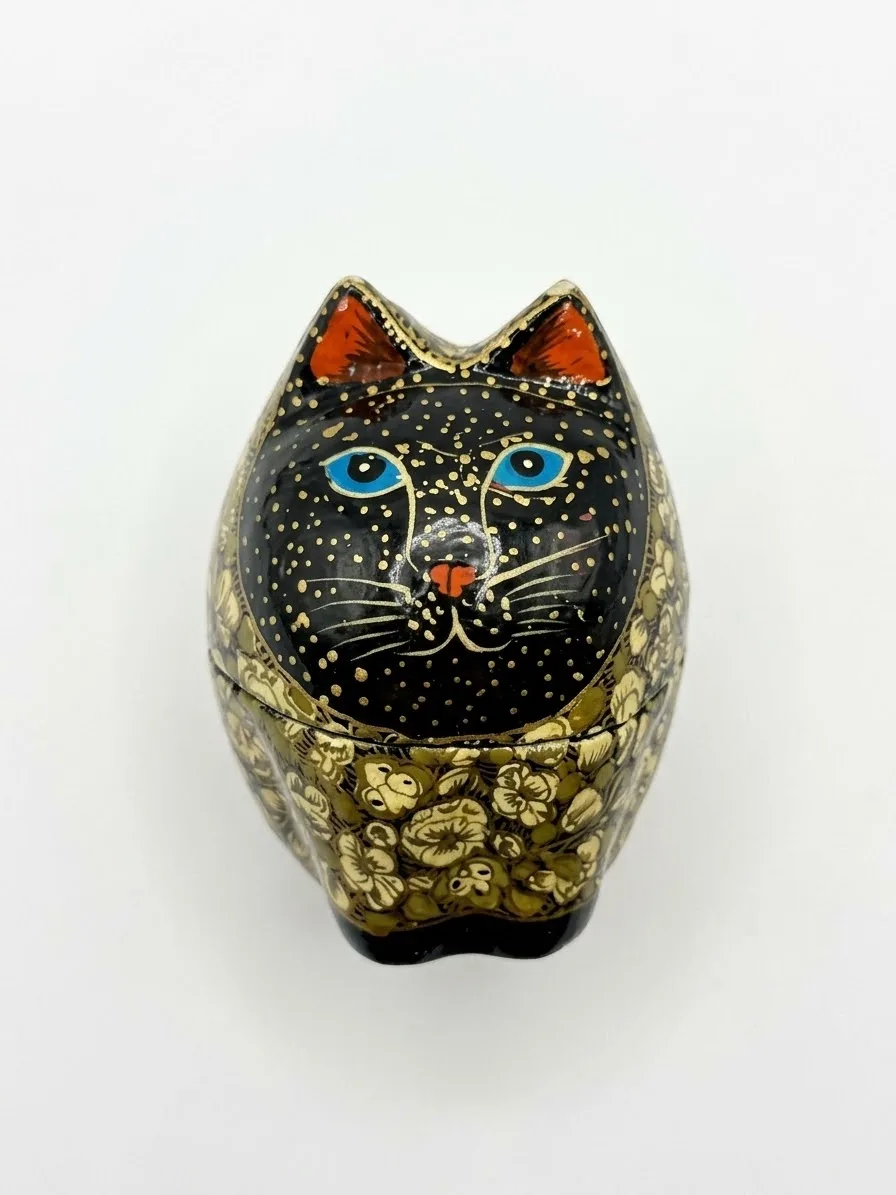 Antique Gold Kashmiri Papier-Mâché Standing Cat Box 3″