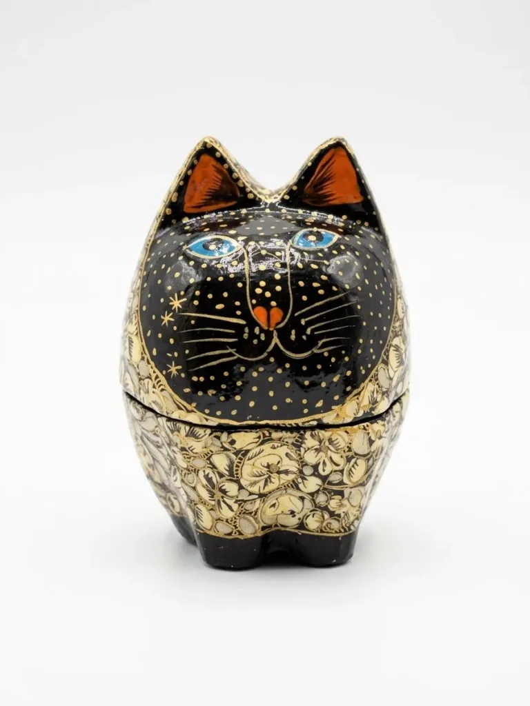 Ivory and Gold Kashmiri Papier-Mâché Standing Cat Box 3″