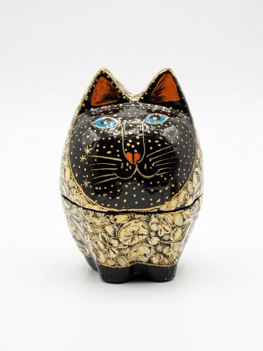 Ivory and Gold Kashmiri Papier-Mâché Standing Cat Box 3″