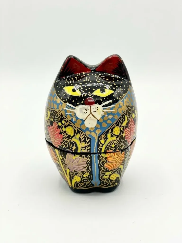 Black Floral Kashmiri Papier-Mâché Standing Cat Box 3″