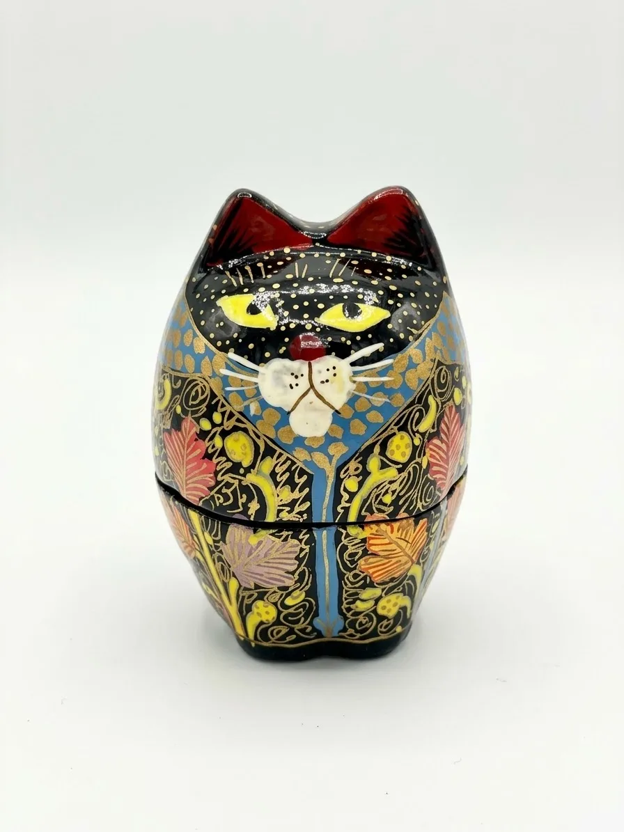 Black Floral Kashmiri Papier-Mâché Standing Cat Box 3″