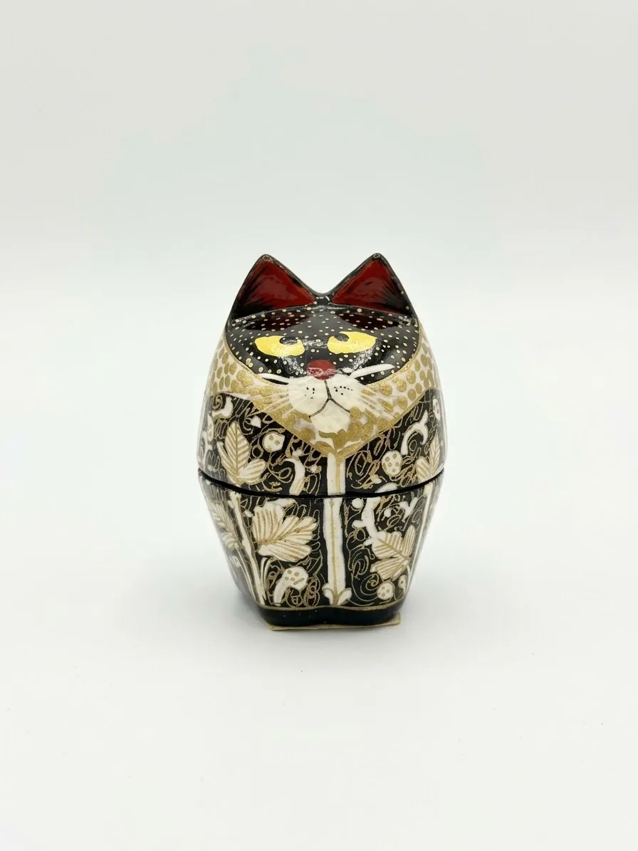 Black and White Kashmiri Papier-Mâché Standing Cat Box 3″