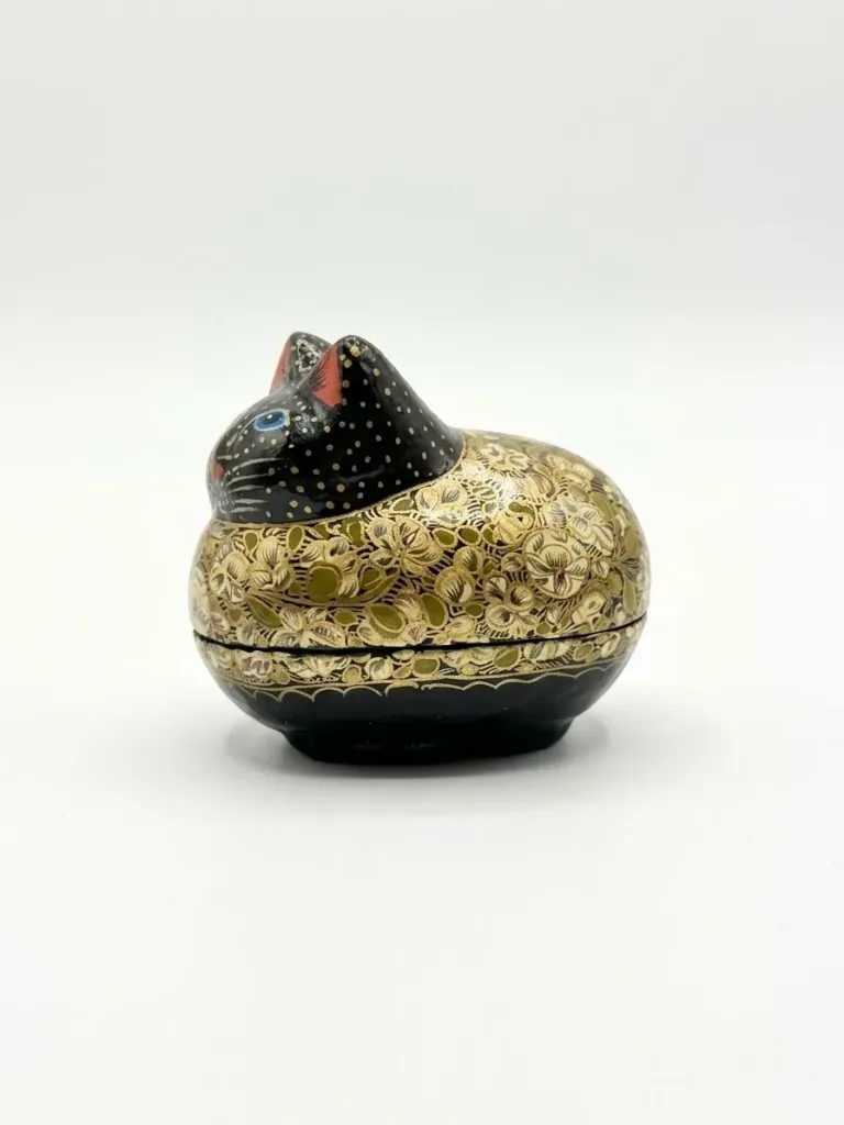 Gold Floral Kashmiri Papier-Mâché Sleeping Cat Box 3″