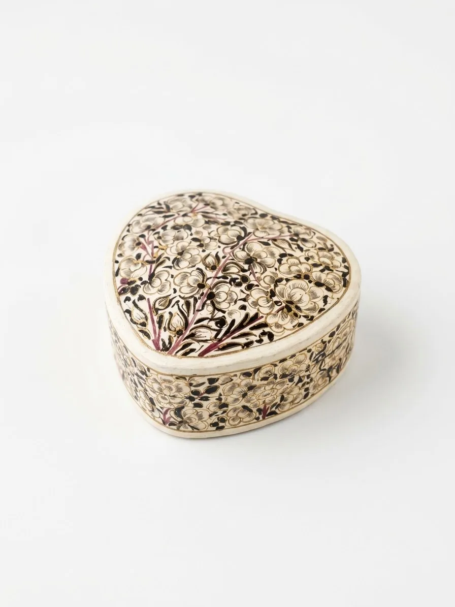 Ivory Floral Kashmiri Papier-Mâché Heart Soap Box