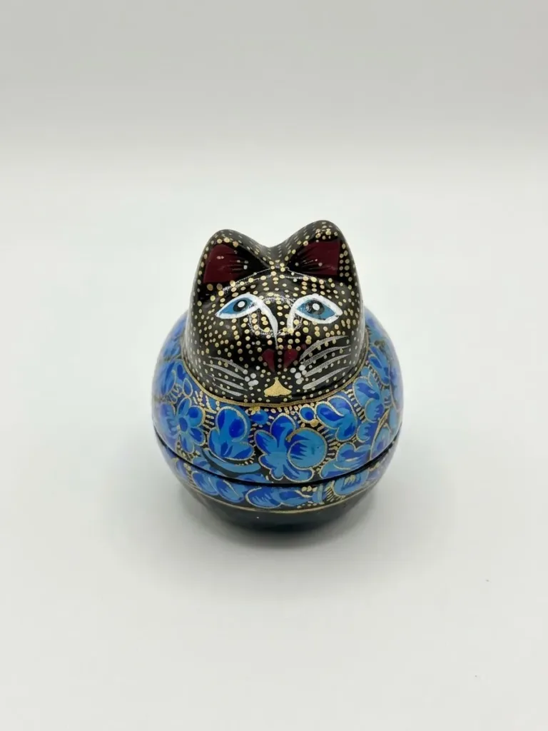 Blue Floral Kashmiri Papier-Mâché Cat Box 3″