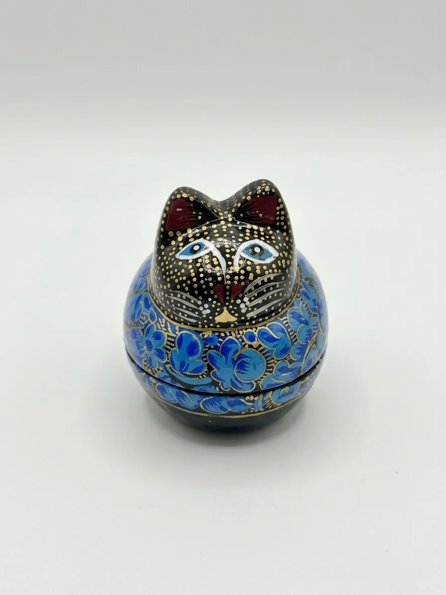 Blue Floral Kashmiri Papier-Mâché Cat Box 3″