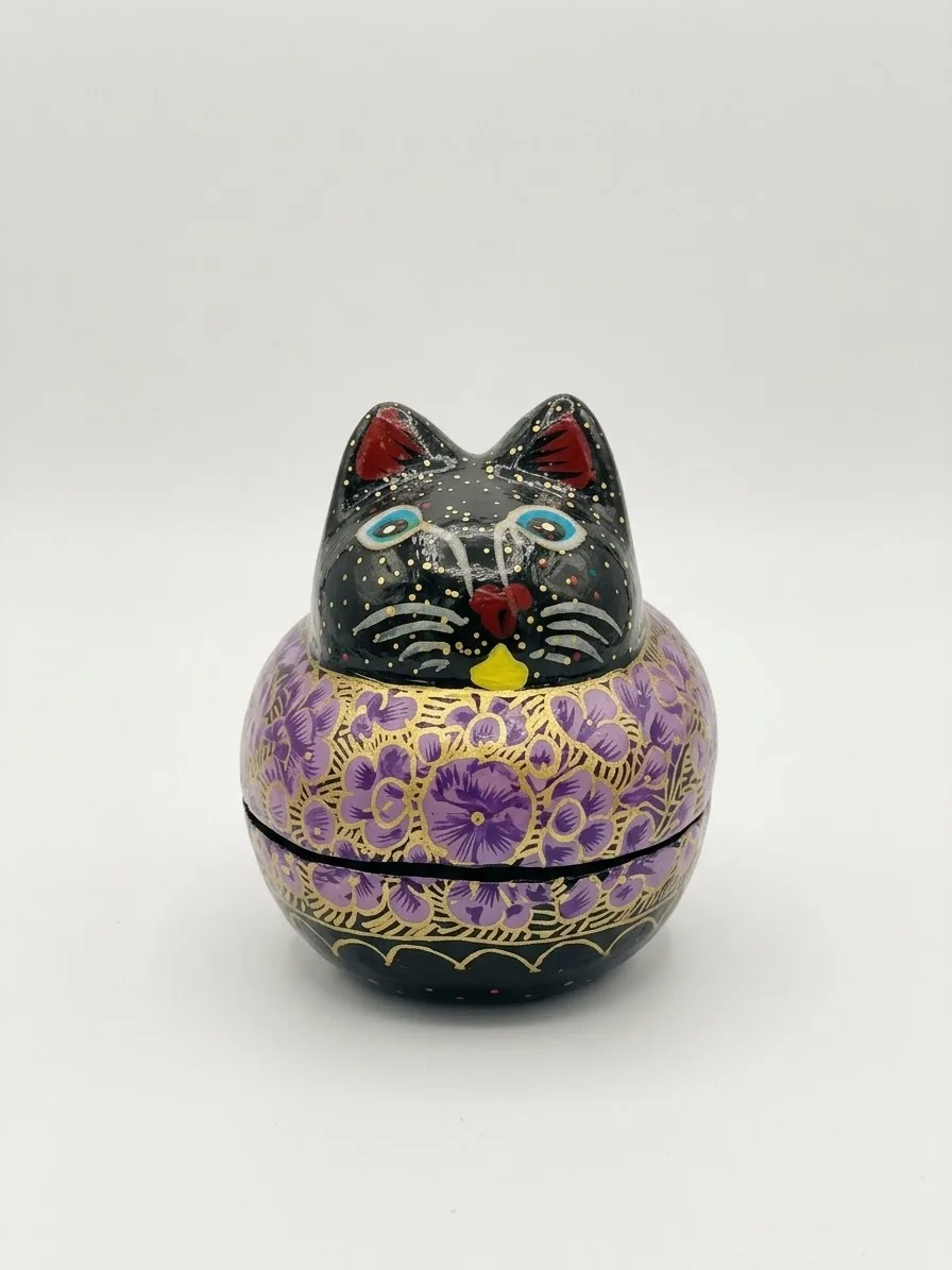 Lilac Floral Kashmiri Papier-Mâché Cat Box 3″