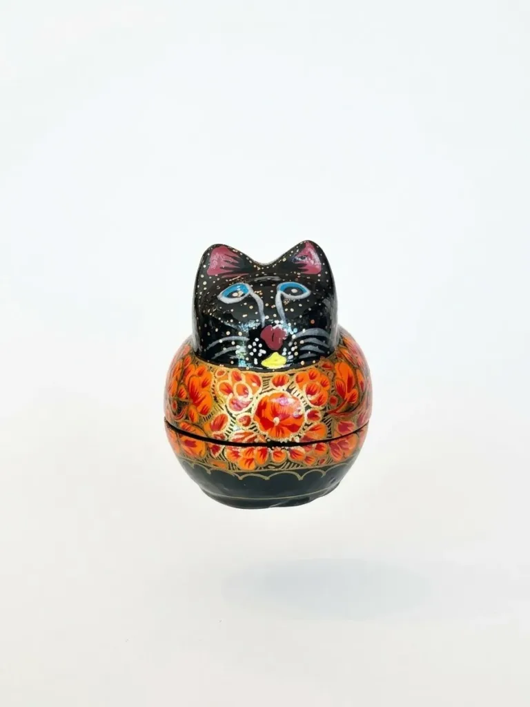 Orange Floral Kashmiri Papier-Mâché Cat Box 3″