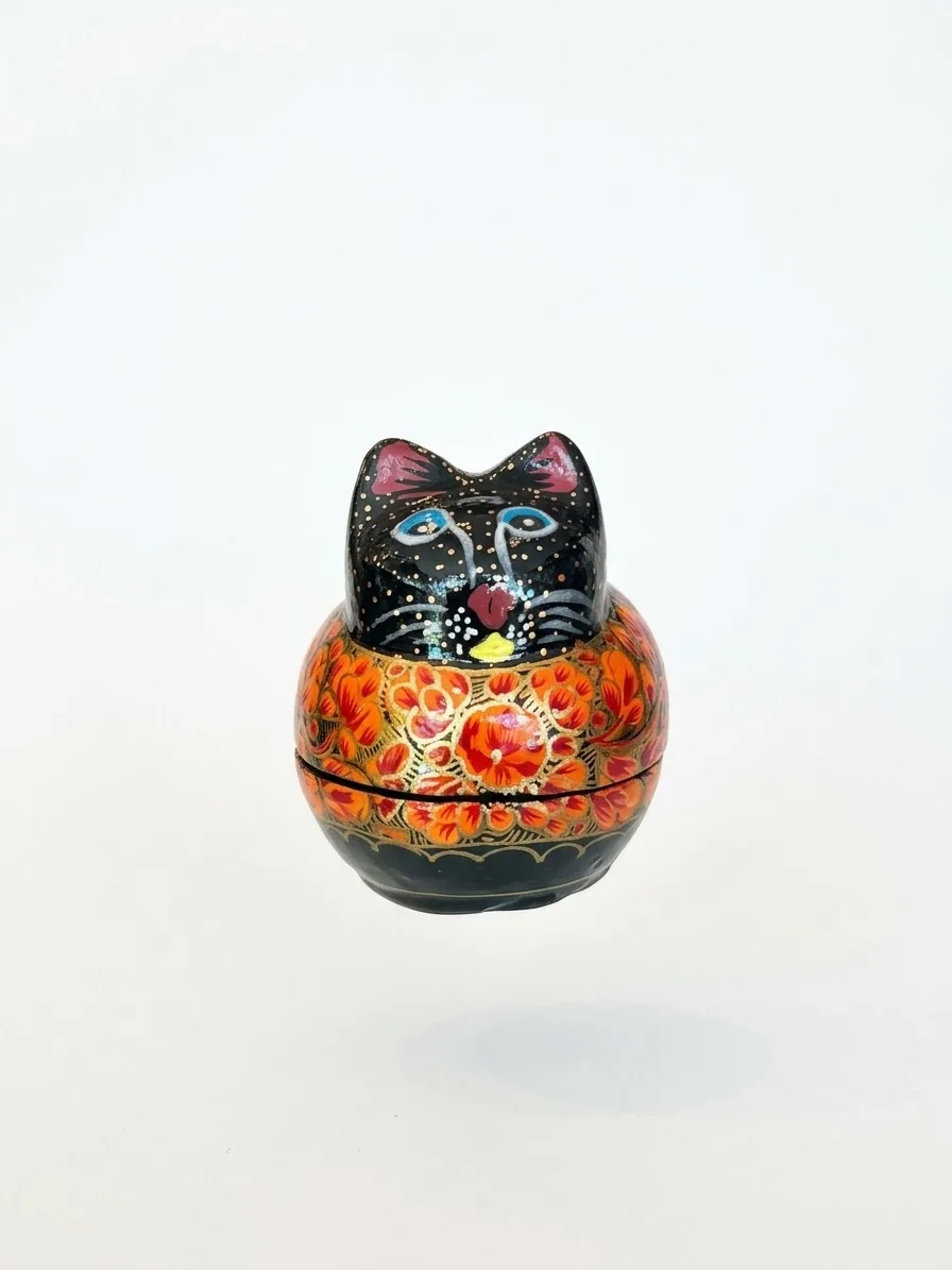 Orange Floral Kashmiri Papier-Mâché Cat Box 3″