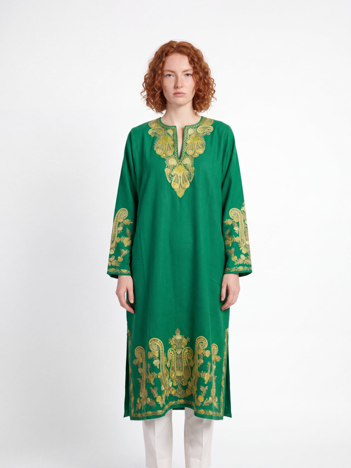Haerzaan Green Acro Wool Aari Embroidered Pheran
