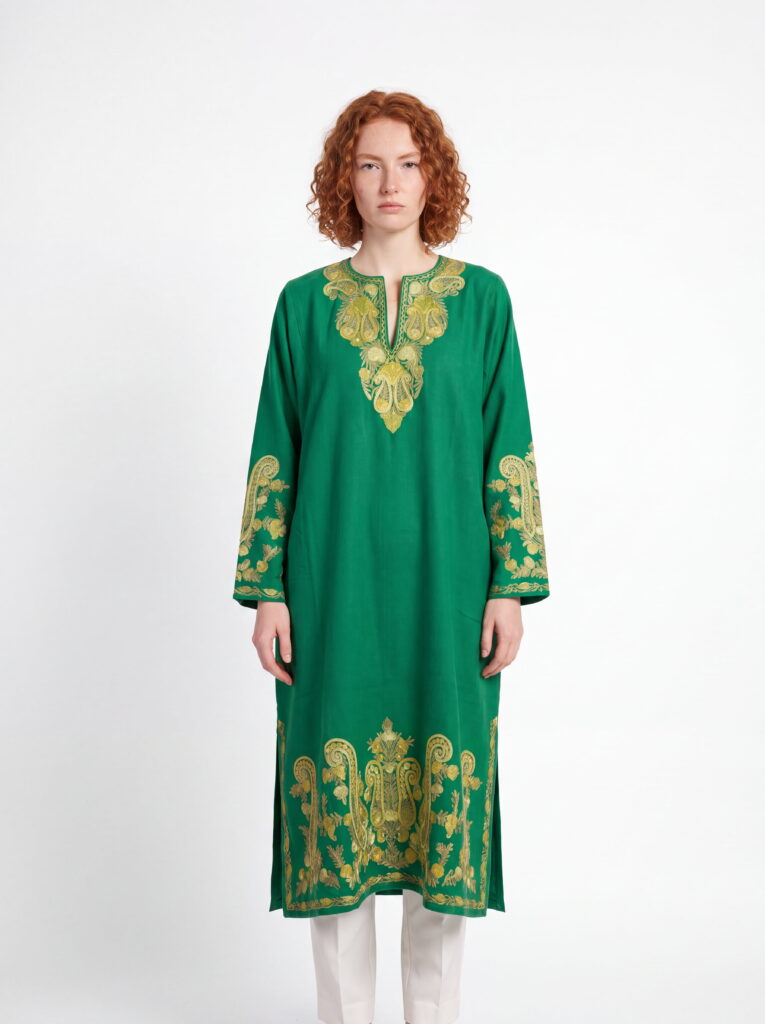 Haerzaan Green Acro Wool Aari Embroidered Pheran