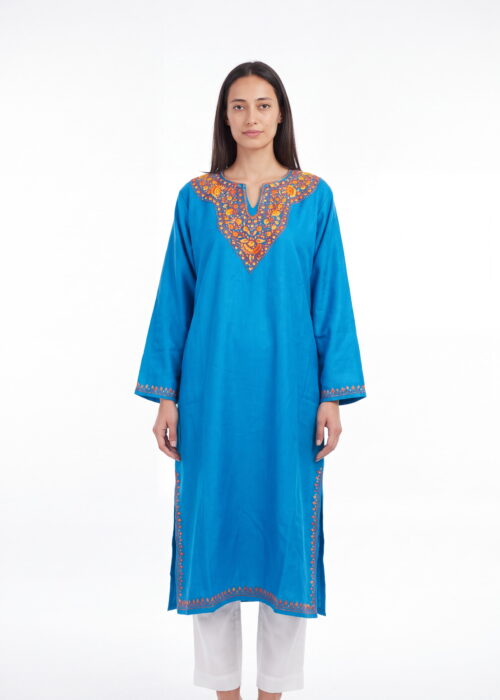 Zaiba Kashmiri Acro Wool Aari Pheran in Blue