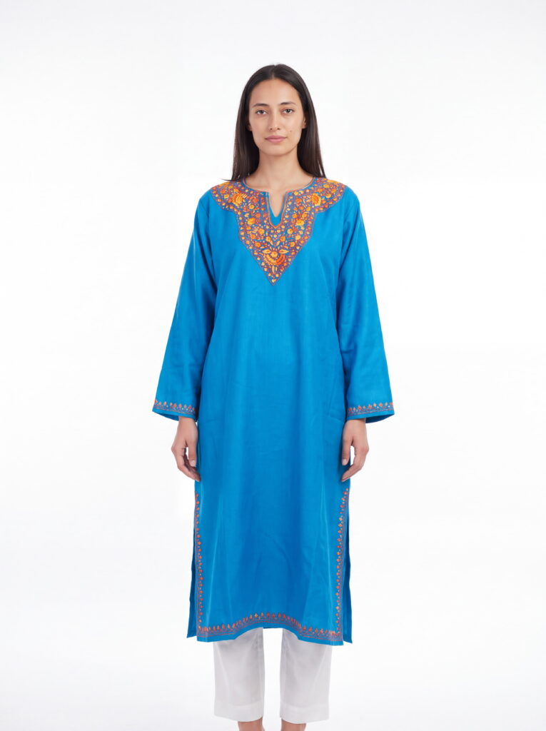 Zaiba Kashmiri Acro Wool Aari Pheran in Blue