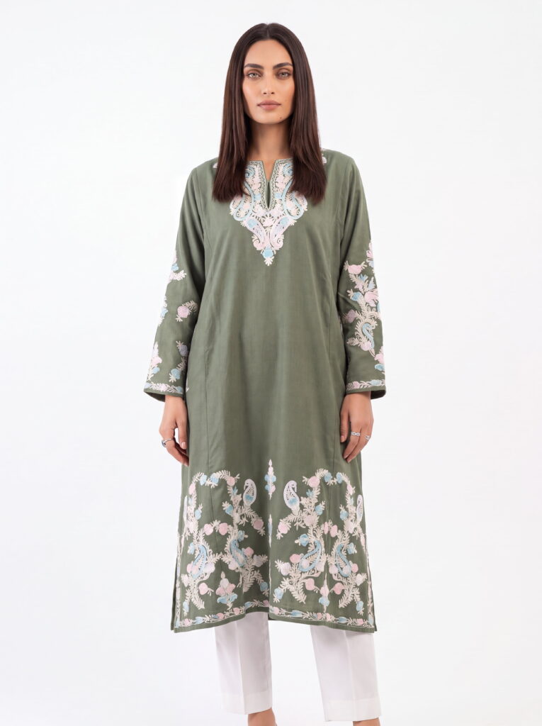 Bahar e Noor Kashmiri Acro Wool Aari Pheran in Olive Green